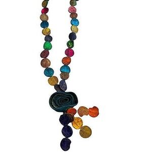 Artisan Boho Statement Necklace Colorful‎ Disc Beads Fabric Flower Unique Design